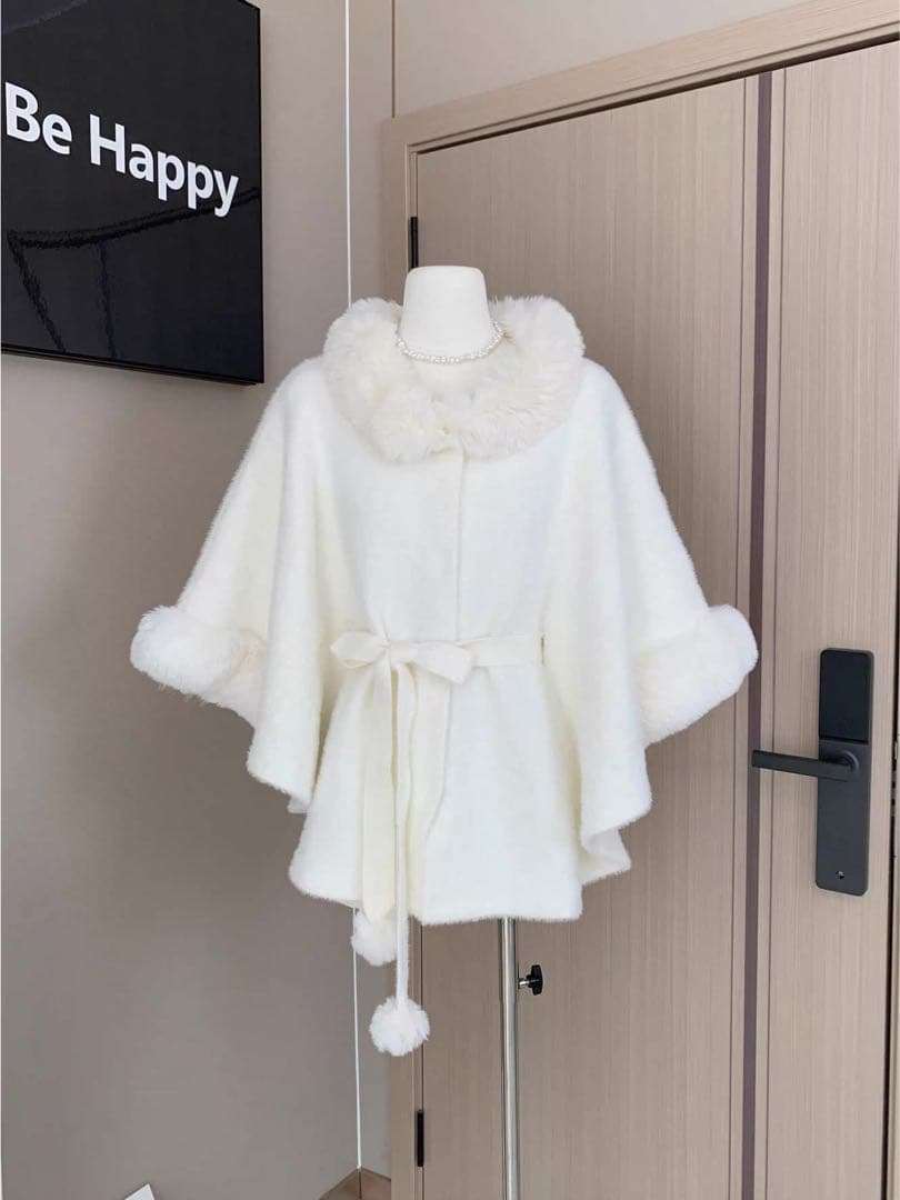ケープ コート ポンチョ ファー ふわふわ アイボリー 韓国 miu系穿搭