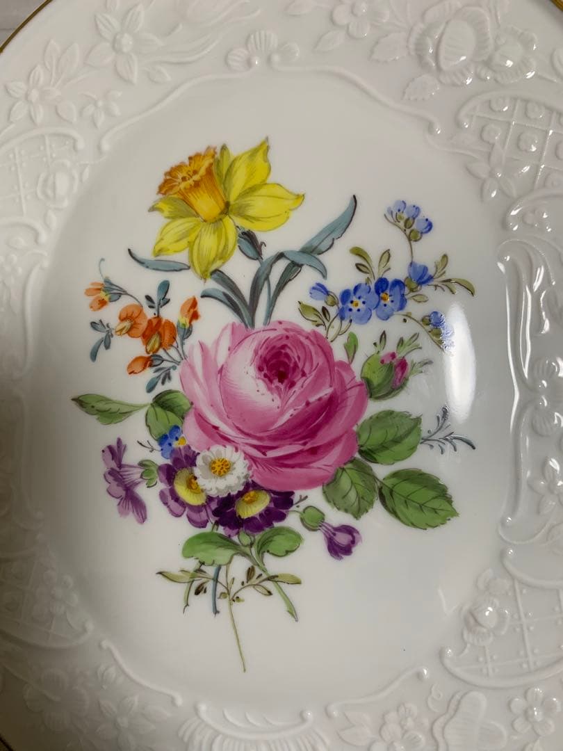 【マイセン】花文レリーフ　プラーク陶板　金縁付き