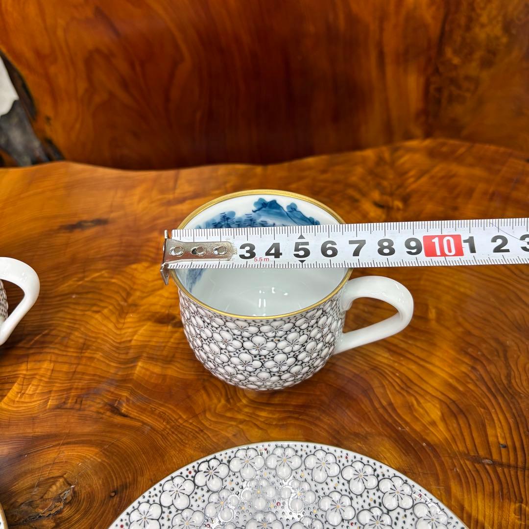 伊万里焼 畑萬陶苑 極細梅詰 コーヒーカップ&ソーサー　ペア　内絵　染付山水